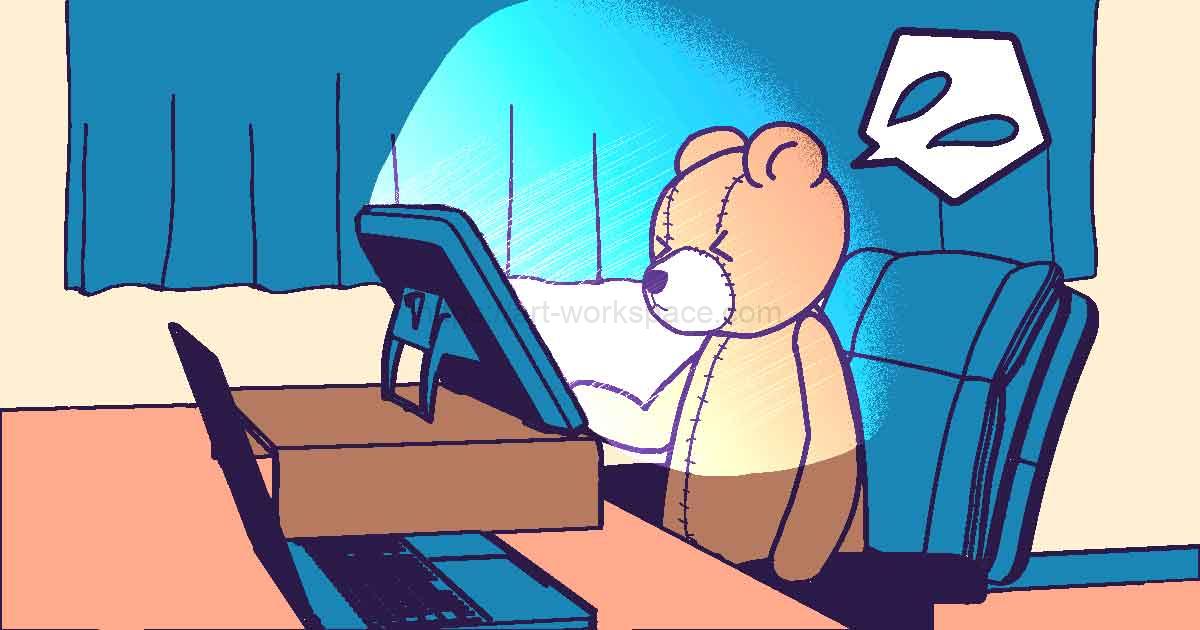 液晶タブレットの明るさで目が疲れたくまのぬいぐるみ