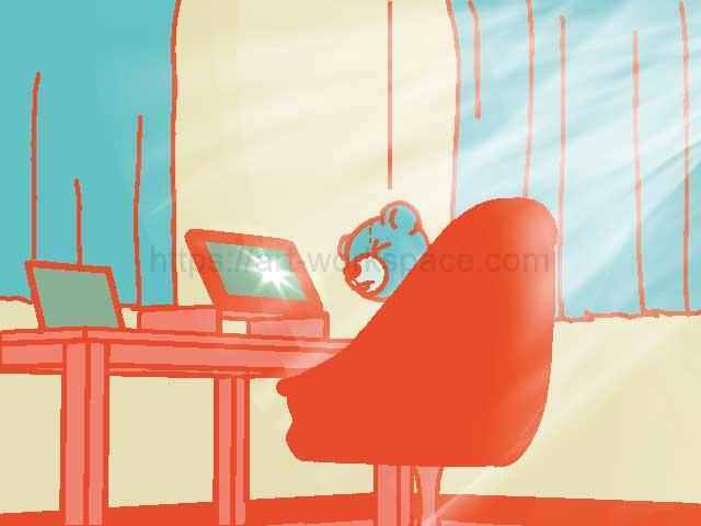 窓からの反射光がまぶしいくまのぬいぐるみ